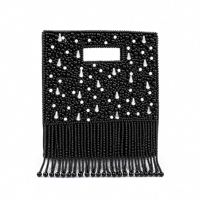 Black Beaded Clutch Handbag with Pearl and Crystal Embellishments, Fringe Tassel, Evening Party Bag for Women
